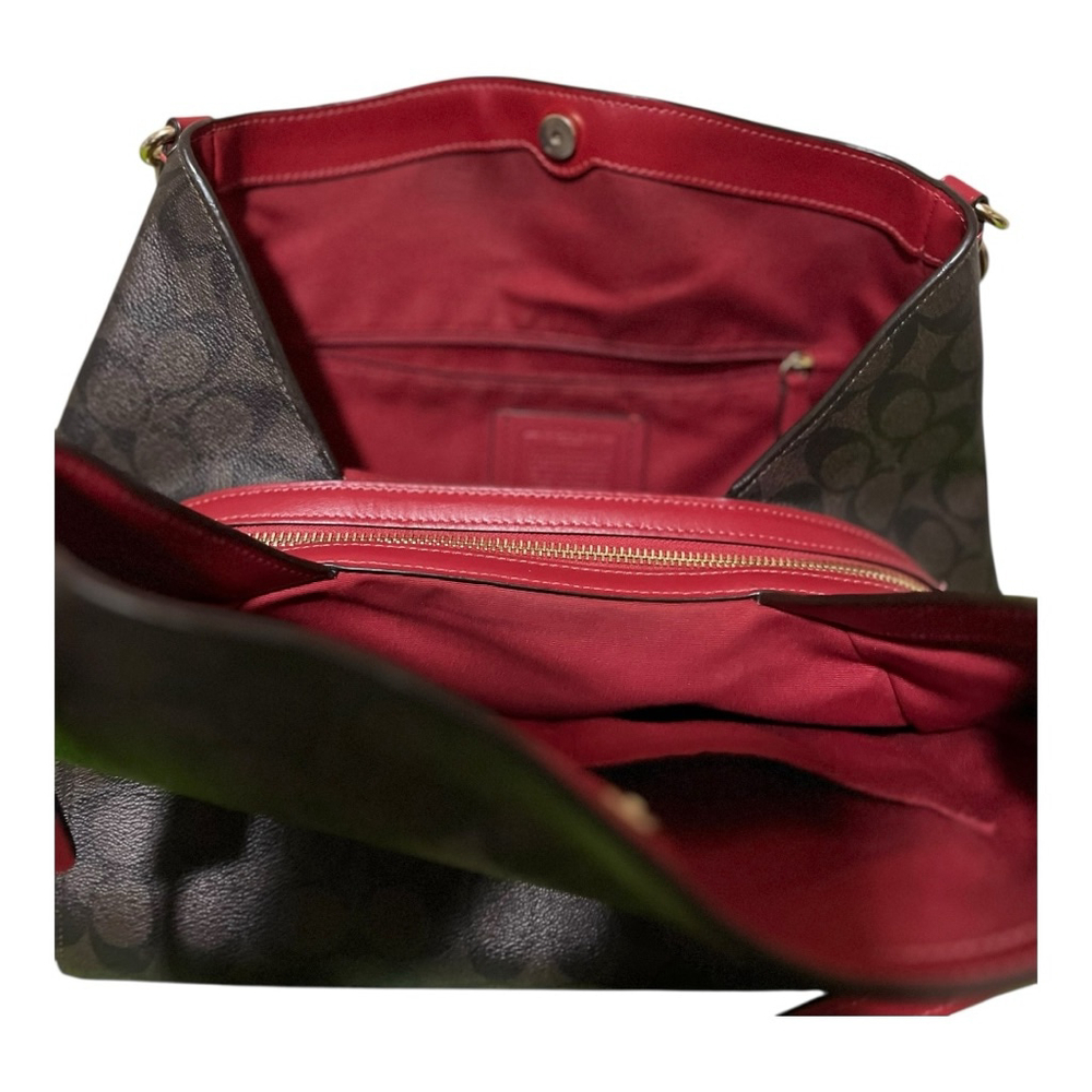 Women's Coach Brown Monogram Red Trim Shoulder Bag One Size - Picture 3 of 11
